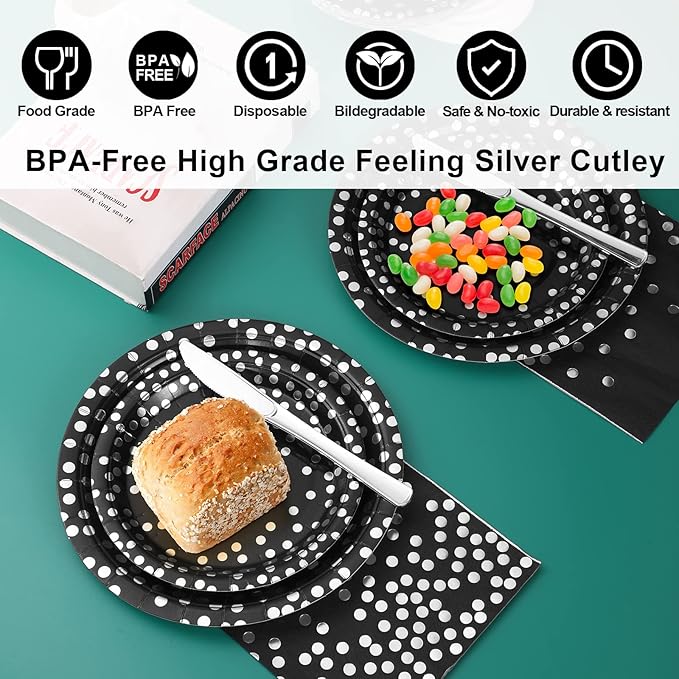 168Pcs Black and Silver Party Decorations, Black Plates and Cups and Napkins Sets Severs 24, Birthday Decorations for Prom Graduation Birthday Happy New Year Party