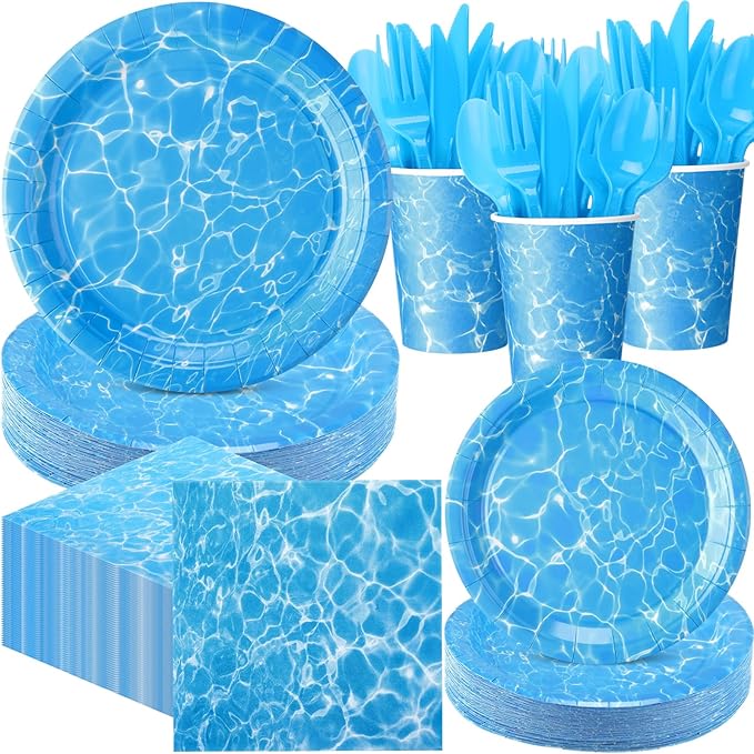 Pickmesh 400 Pcs Ocean Waves Party Decoration Set, Disposable Sea Paper Plates and Napkins, Cups and Cutlery Supplies Ocean Themed Birthday Party Tableware, Serve for 50 Guests
