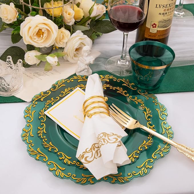 PULOTE 175PCS Clear Green Plastic Plates & Gold Plastic Silverware & Clear Green Cups & Gold Napkins Service 25 Guest for Party&Christmas