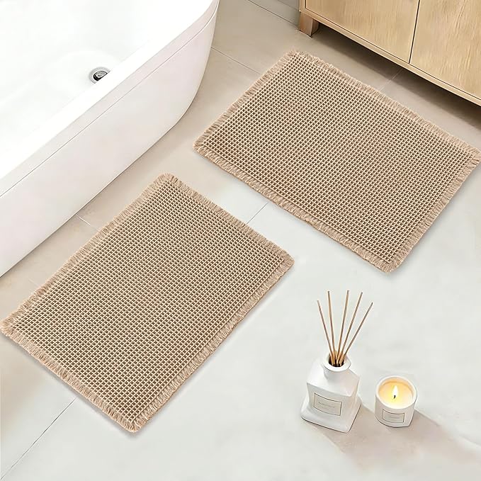 DWCN Waffle Bathroom Mat Set, Super Absorbent Non Slip Bath Rugs Set for Bathroom Floor, Shower Mats 2 Piece for Tub, Washable Kitchen Rugs for Farmhouse Boho Home Decor, 20 x 32 Inch, Brown