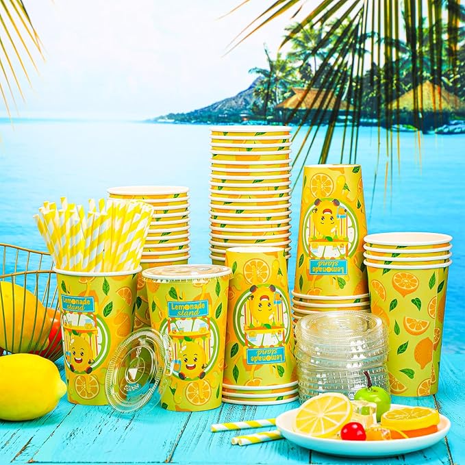 Tessco 150 Pcs 50 Sets Lemonade Paper Cups with Lids and Straws 16 oz Disposable Iced Coffee Paper Cup Summer Cold Cups for Lemonade Stand Supplies Fruit Party Beverages Drinks Juices