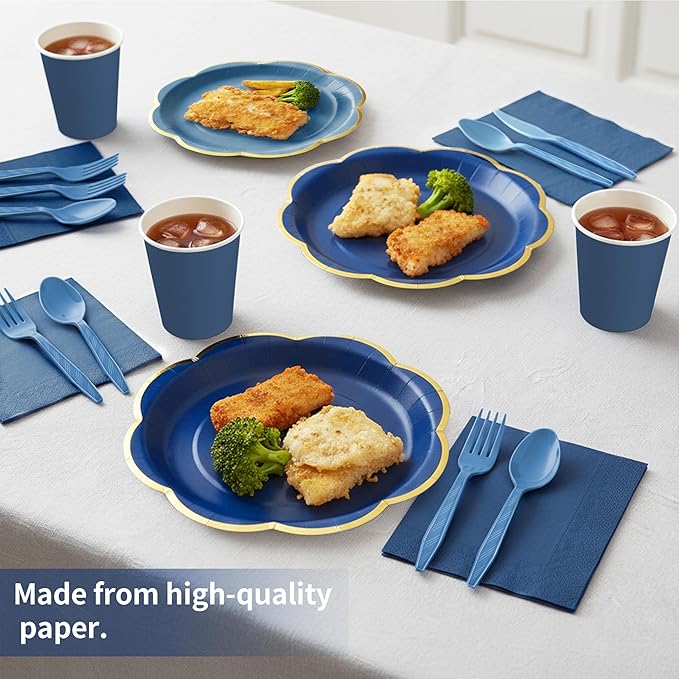 Navy Blue Paper Plates and Napkins Party Supplies for 24 Guest, 168Pcs Graduation Blue Scalloped Party Plate with Gold Rim Blue Disposable Plates Set for Birthday Party Baby Shower Gender Reveal