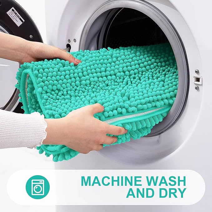 Grandaily Chenille Striped Bathroom Rugs 47x24, Extra Thick and Absorbent Bath Mats, Non-Slip Soft Plush Shaggy Shower Carpet, Machine Wash Dry, Bath Rug for Bathroom, Teal