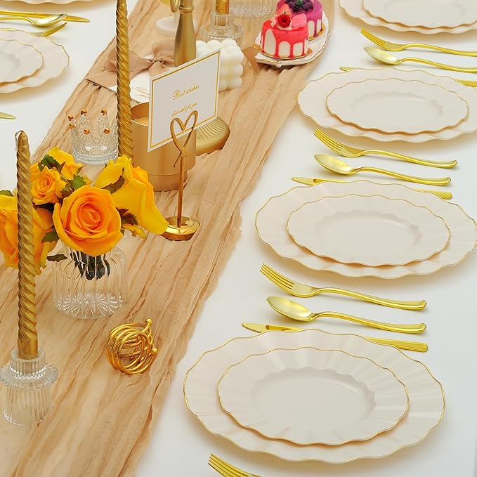150PCS Ivory Plastic Plates with Gold Rim, Gold Plastic Dinnerware Set for 30 Guests, 30 Dinner and 30 Dessert Plates, 90 Silverware for Wedding Party, Heavy Duty Disposable Party Plate