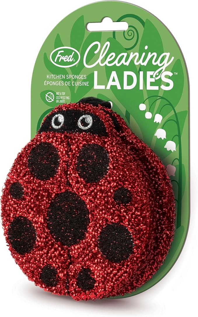 Genuine Fred Cleaning Ladies Ladybug Sponges, Set of 2 Scrubber Sponges, Gentle on Cookware, Tough on Grime, Corded Loop for Easy Drying, Fun and Functional Design, Great Gift