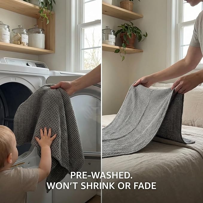 Pure Linen Small Bath Towels Set - 2-Pack 20x40-inch Quick Dry Towels for Sensitive Skin - Thin Towels for Bathroom - Lightweight Waffle Weave Towel for Kids Black-Natural