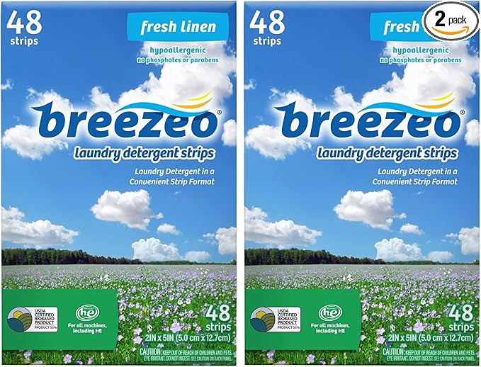 Breezeo Laundry Detergent Strips - Fresh Linen Scent - More Convenient than Pods, Pacs, Liquids or Powders – Great for Home, Dorm, Travel, Camping & Hand-Washing (48 strips) (Pack of 2)