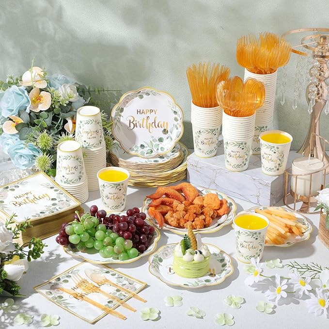 Pickmesh 400 Pcs Sage Green Birthday Plates and Napkins Set, Paper Plates and Cups with Plastic Cutlery, Disposable Tableware for Birthday Party and Celebrations