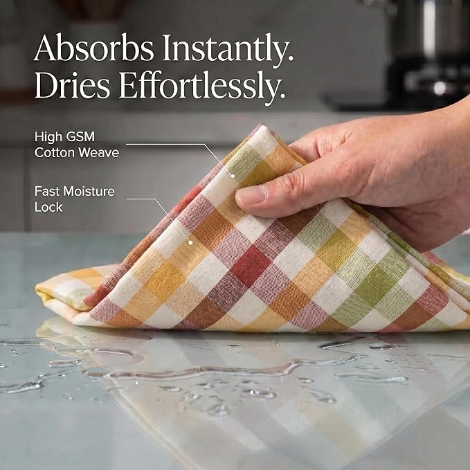 Urban Villa Kitchen Towels 100% Cotton Dish Towels for Kitchen (Set of 6) 20”x30” Dish Cloths Highly Absorbent Kitchen Linen Set with Hanging Loop Perfect for Drying Dishes Cleaning – Harvest Checks