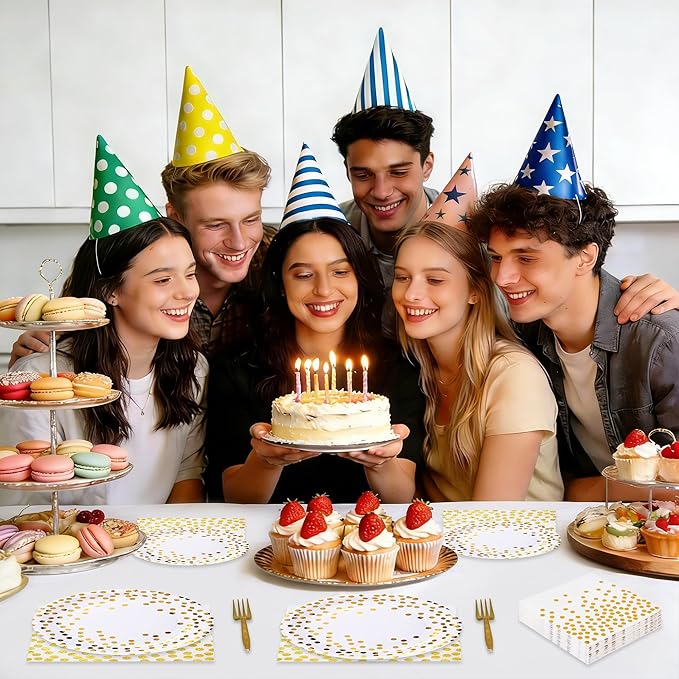 White and Gold Paper Plates and Napkins Tablecloth Party Supplies,Serves 25 Guests White Gold Plates and Napkins Tablecloth,Disposable Tableware Set for Birthday Graduation Retirement Decorations