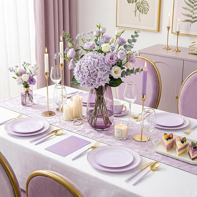 DaYammi 150Pcs Purple Plastic Plates with Gold Rim,Disposable Plastic Plates Include 30 Dinner Plate,30 Salad Plate,30 Forks,30 Spoons,30 Knive,Purple Disposable Platos for Party Wedding Bridal Shower