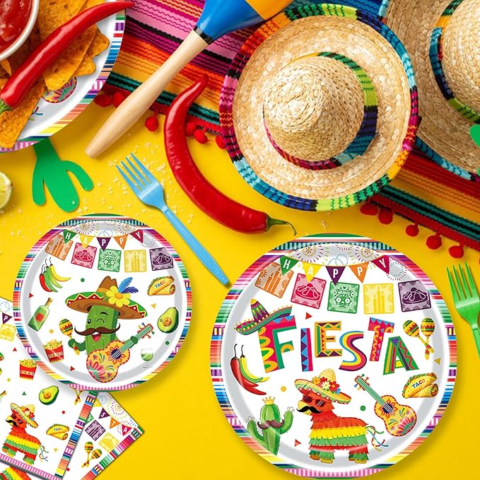 96 Pieces Mexican Fiesta Plates and Napkins, Cinco de Mayo Disposable Tableware with Paper Plates, Napkins, Plastic Forks for Mexican Themed Party, Taco Tuesday, Fiesta Party Supplies, Serves 24