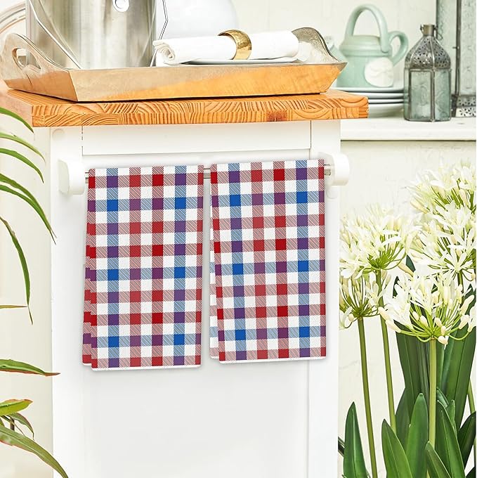 4th of July Buffalo Plaid Kitchen Towels Farmhouse Blue Red Gingham Dish Towel Pastel Memorial Day Checkered Decor Patriotic Decorations for Home Party