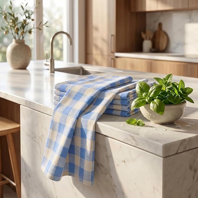 Urban Villa Kitchen Towels Set of 6 Blue Sand Buffalo Checks Kitchen Towels 20X30 Inches 100% Cotton Highly Absorbent Kitchen Towels Premium Quality Ultra Soft Mitered Corners KitchenTowels