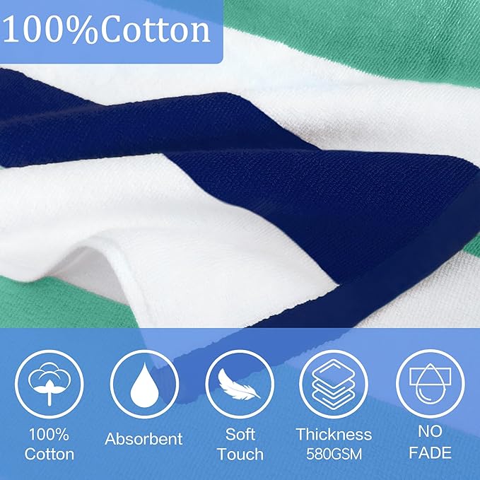 VOOVA & MOVAS Big Kid Hooded Towel, Absorbent Cotton Thick Hooded Towel Robe for Teens,Perfect for Pool, Beach, Bath, Green Blue White Stripe