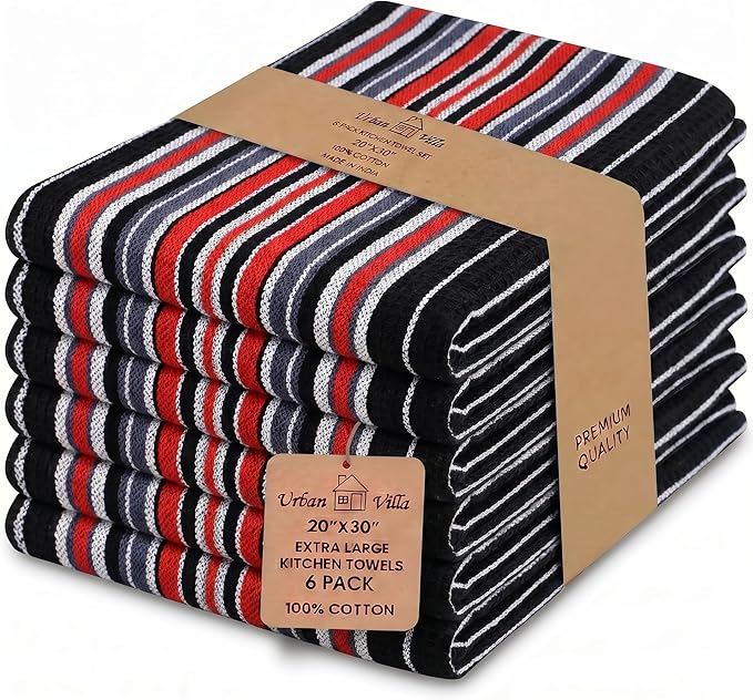 Urban Villa Kitchen Towels Waffle Stripes Dish Towels for Kitchen Black Color Set of 6 Kitchen Towels Highly Absorbent Cotton Over Sized 20X30 in with Mitered Corners Kitchen Hand Tea Towels