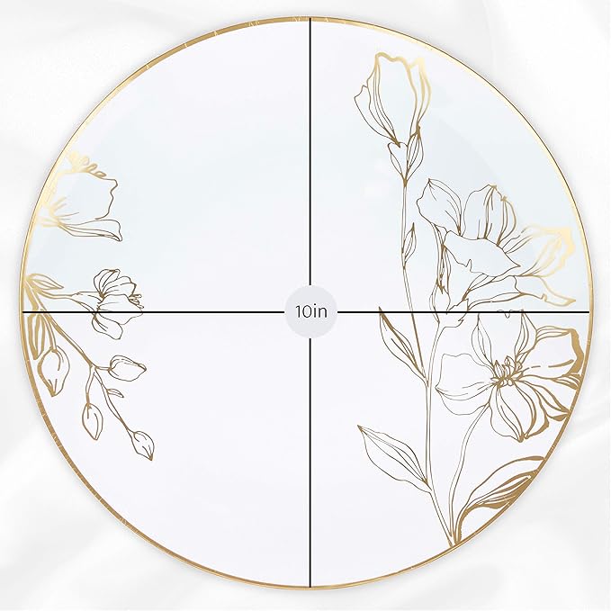 [10'' Plates 10 Count] White Plastic Floral Design Party Dinner Plates With Gold Rim Premium heavyweight Elegant Disposable Tableware Dishes