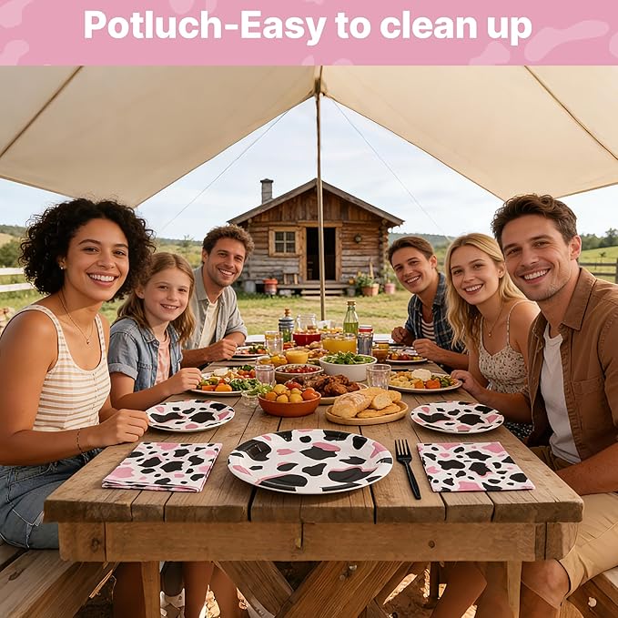 100 Pcs Cow Party Supplies for 25 Guests, Heavy-Duty 7" & 9" Paper Plates, 2-Ply 13" Napkins & Plastic Forks, Disposable Tableware Set for Cow Birthday, Farm and Western Party