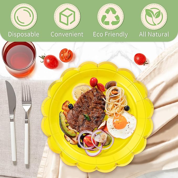 50 Pcs Yellow Paper Plates, 25 Pcs 9" and 25 Pcs 7" Disposable Yellow Scalloped Plates with Gold Foil for Graduation Wedding Baby Shower Birthday Party Picnic BBQ