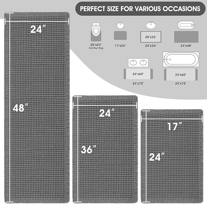 Upgraded Waffle Bath Mat Set 3 Piece Grey, Super Absorbent Non-Slip Quick Dry Bathroom Rugs with Tassels, Machine Washable Ultra Soft Boho Bath Rugs for Floor, Toilet Mats Boho Farmhouse Decor