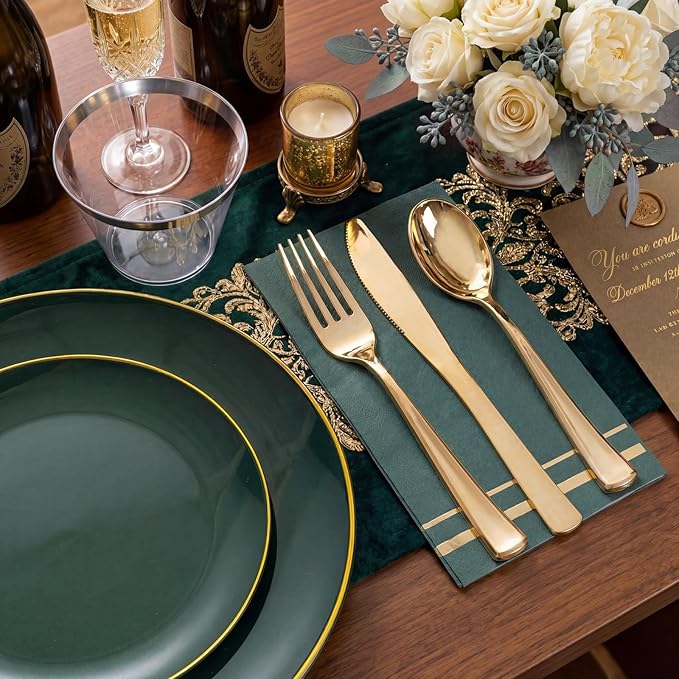 NOCCUR 350PCS Green Plastic Plates - Disposable Green Gold Dinnerware Set for 50 Guests, 100 Dinner/Dessert Plates, 150 Gold Silverware, 50 Cups&50 Napkins for Party ＆ Wedding ＆ Spring