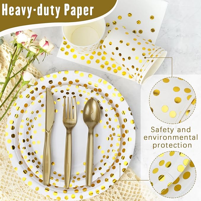 Lzerking Party Supplies Set - 210 Pieces of White and Gold Dot Paper Plates, Cups, Napkins, and Heavy Duty Silverware for 30 Guests for Birthdays, Graduation, Wedding, Festivals