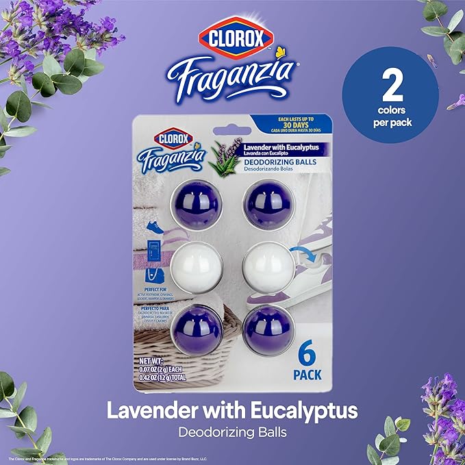 Clorox Fraganzia Deodorizing Balls with Lavender and Eucalyptus Scent, Battery-Free Shoe and Small Space Odor Eliminator with Up to 30 Days of Freshness, 6 Count Pack