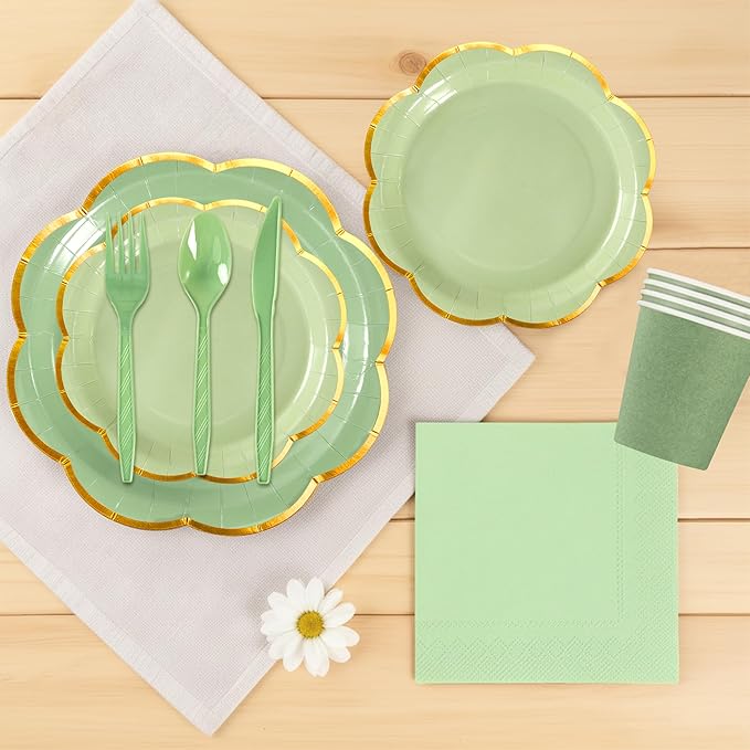 Sage Green Paper Plates and Napkins Party Supplies Serves 24,Green Scalloped Party Plates with Gold Rim,168Pcs Disposable Plates and cups and napkins sets for Spring Birthday Party Bridal Baby Shower