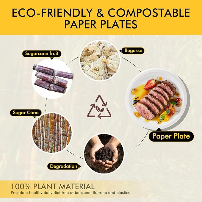 RACETOP 10 Inch [125 Pack] Paper Plates, Compostable Disposable White Bagasse Plate, Heavy-Duty Biodegradable Plates, Eco-Friendly, Made of Natural Sugarcane Fibers