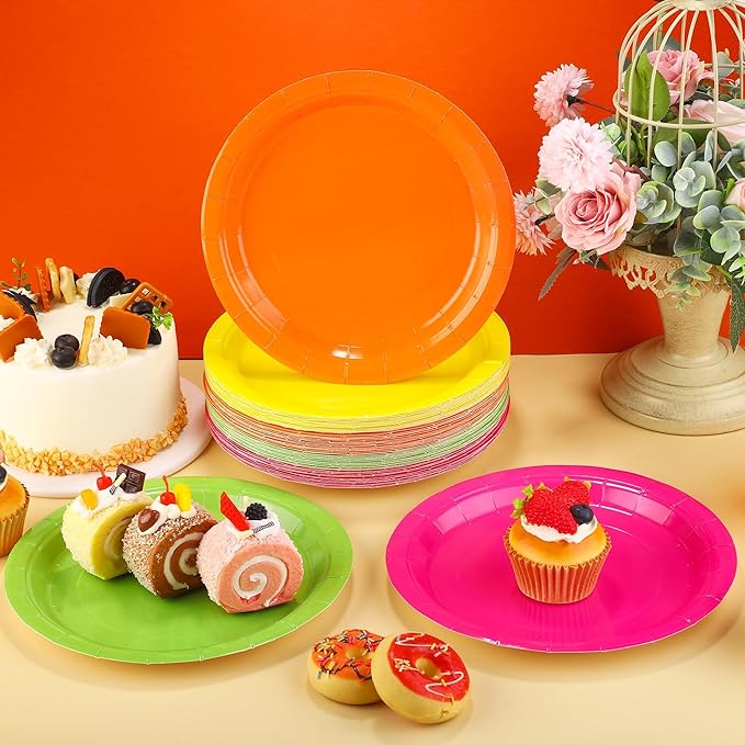 Kochorie 60 Pieces Neon Disposable Paper Plates 9 Inch Heavy Duty Dinner Plates, Solid Color, Table Decorations Party Supplies for Birthdays, Weddings, Daily Use