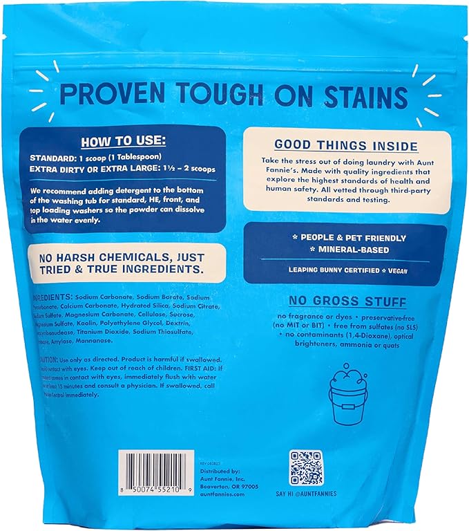 Aunt Fannie's Extra Strength Powder Laundry Detergent, Stain Fighting, Plant Based, Natural Ingredients, 70 Loads Per Bag, Fragrance Free, 44 Oz