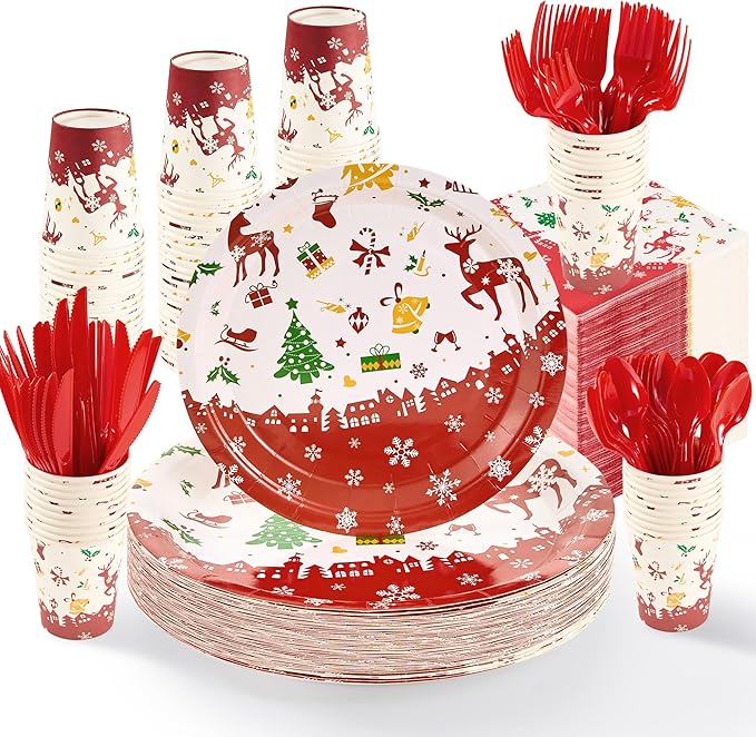Fijinhom Christmas Paper Plates Set, 350 PCS Elk, Candy cane and Gifts Party Supplies, Disposable Dinnerware Set for 50 Guests, Paper Plates Napkins Cups for Christmas Eve