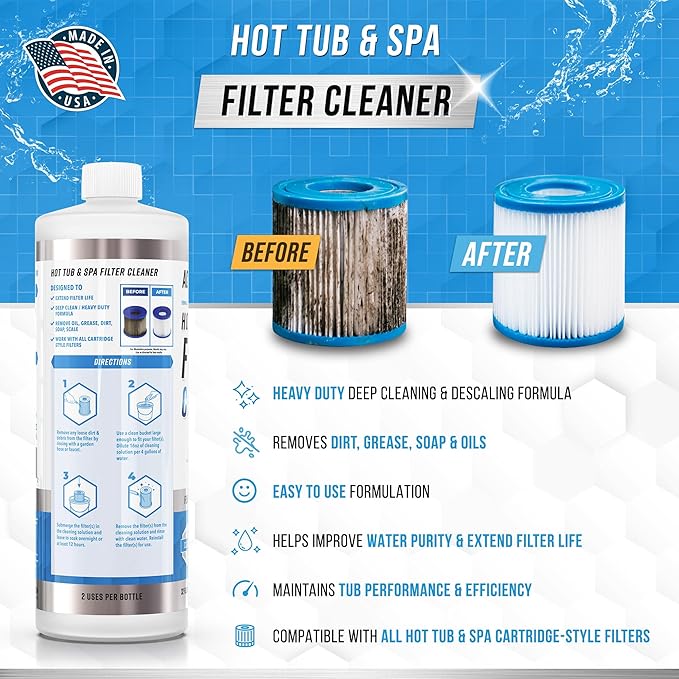 ACTIVE Jetted Bath Tub Cleaning Solution and Hot Tub Filter Cleaner - Includes 32oz of Whirlpool Tub Cleaner and Spa Filter Cleaning Liquid