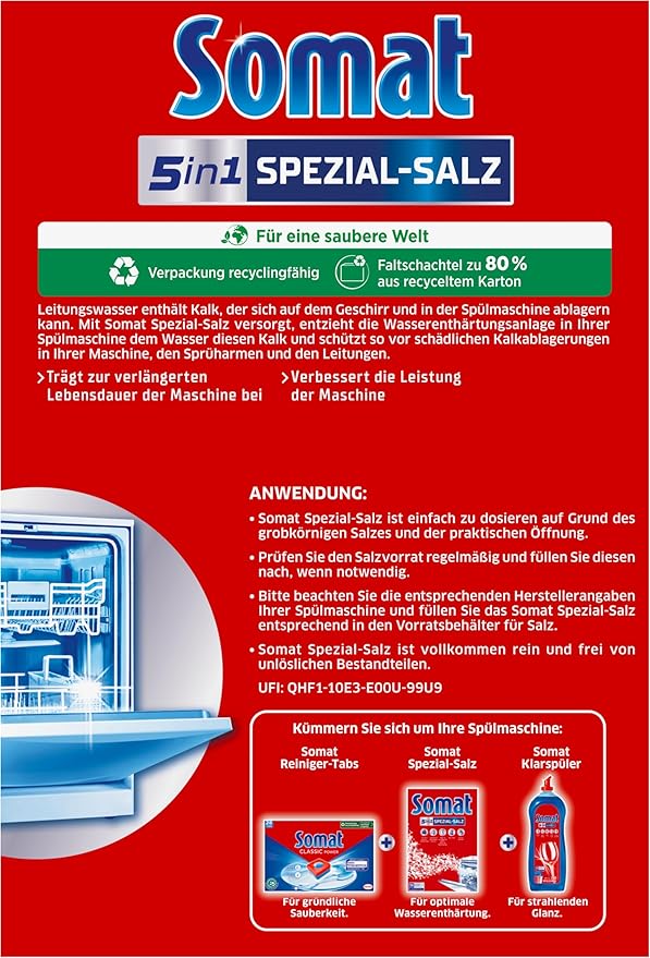 SOMAT Special Salt (1.2 kg), Dishwasher Salt for Stronger Dishwashing Performance, Water Softener for Dishwasher Works Against Limescale for Shiny Results and Longer Life