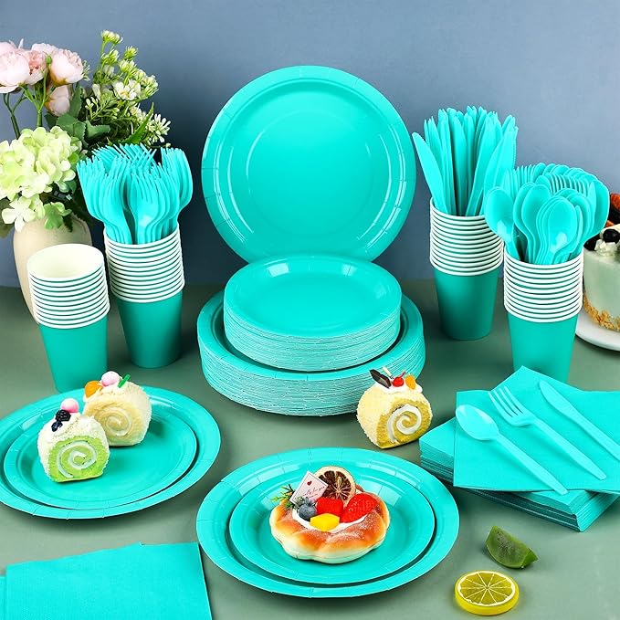 Kochorie 350 Pieces Teal Blue Dinnerware Set, 7 & 9 inch Dessert Paper Plates Cups Napkins Plastic Cutlery Disposable Party Supplies for Birthday Baby Shower Wedding, Serve 50 Guests