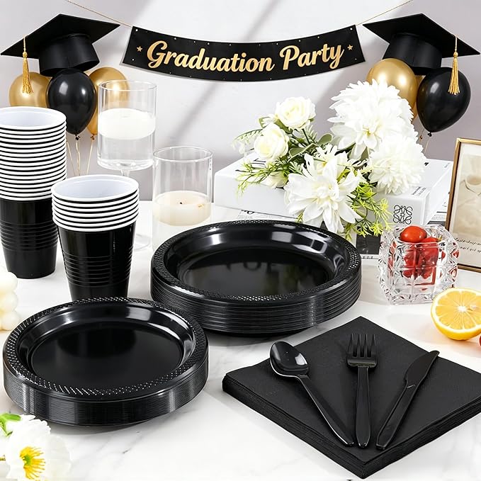 WELLIFE 210 PCS Black Plastic Plates for 30 Guests - Disposable Dinnerware Set Including Dinner Plates, Dessert Plates, 12oz Cups, Cutlery & Napkins, Black Disposable Plates for Party and Birthdays