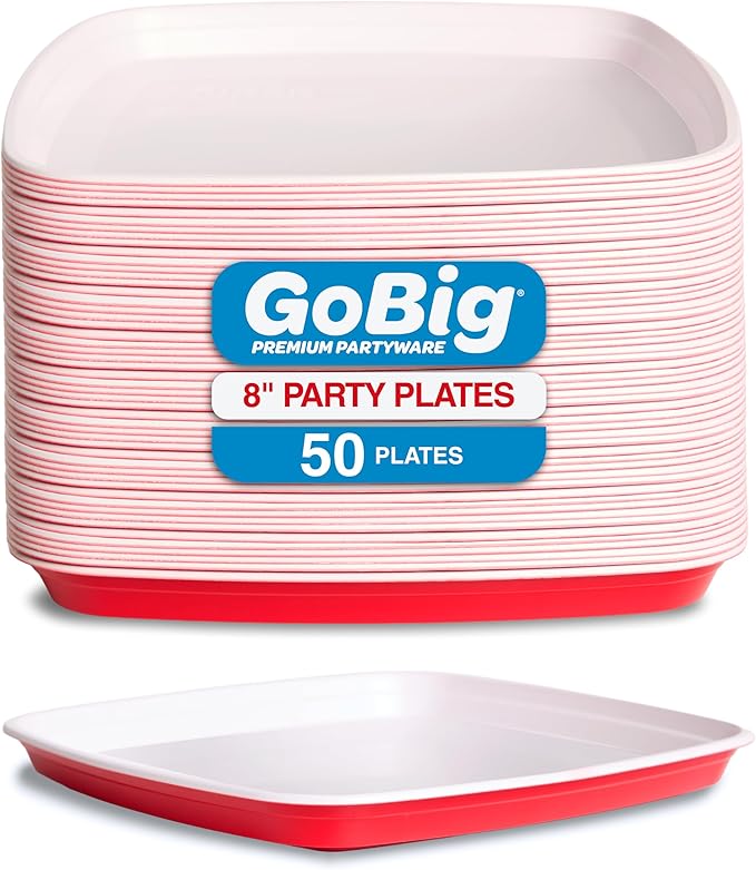 GoBig Red Plastic Disposable Plates - 50 Count 8 Inch - Square Heavy Duty Red Cup Party Plates
