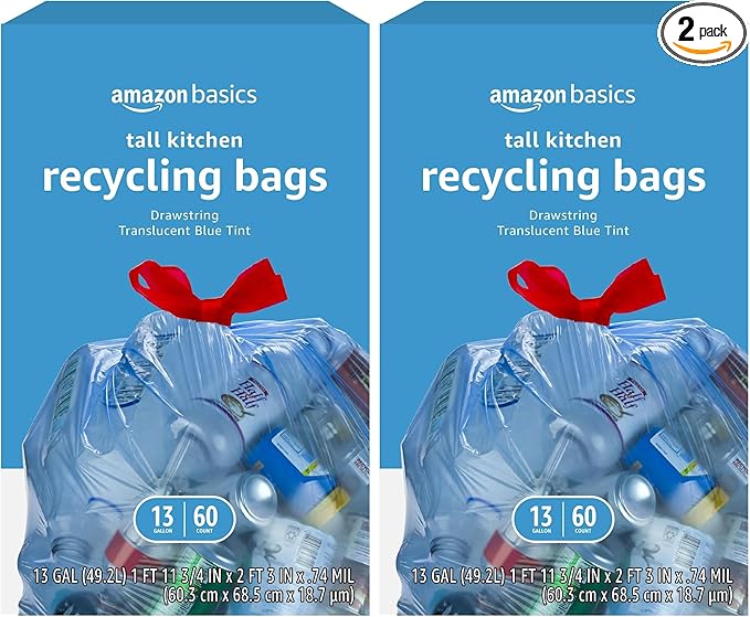Amazon Basics Blue Recycling Trash Bags, Unscented, 13 Gallon, 60 count (Pack of 2)