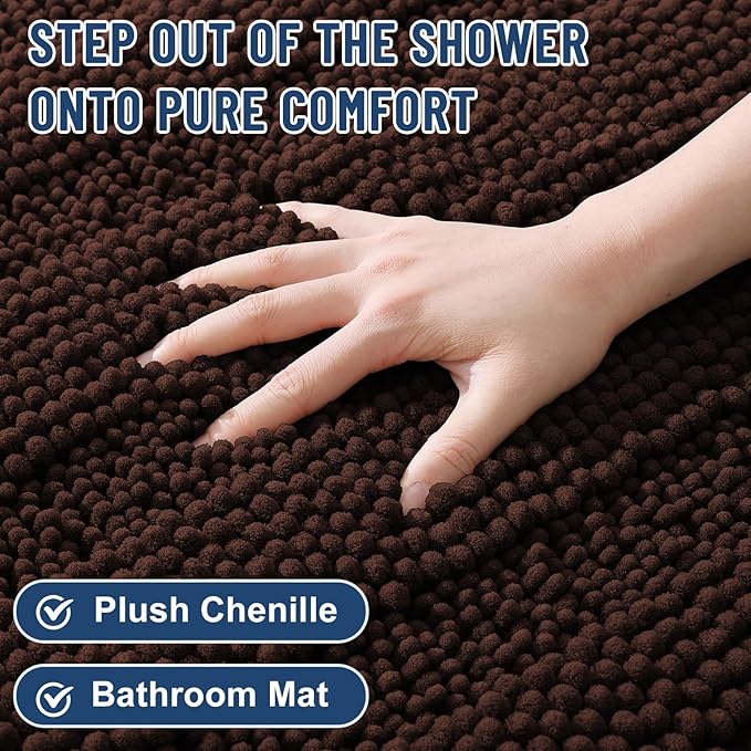 Grandaily Chenille Striped Bathroom Rugs 47x17, Extra Thick and Soft Absorbent Bath Mats, Rubber Backing, Plush Shaggy Shower Carpet, Machine Wash Dry, Bath Rug for Bathroom, Dark Brown