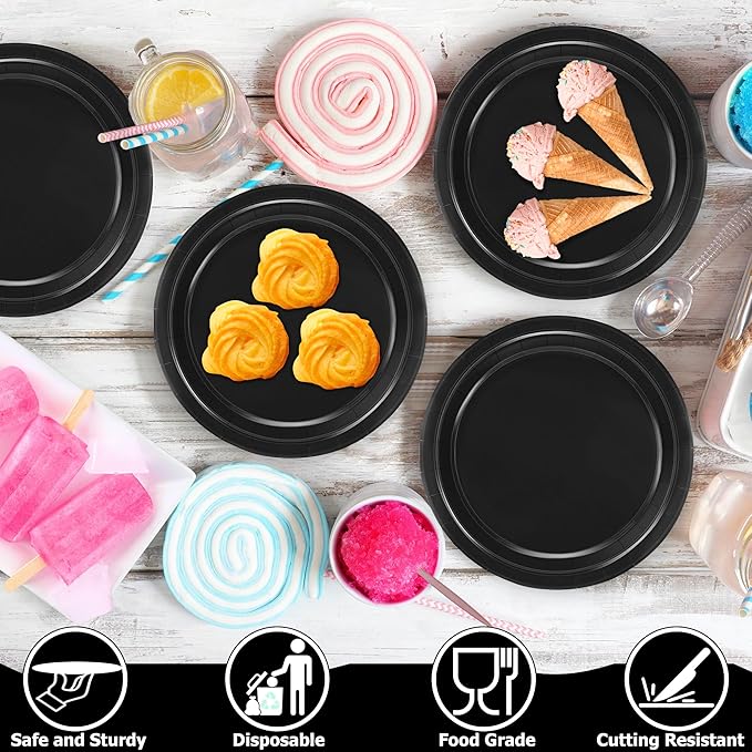 QZYL 50 Count Black 7 Inch Round Paper Plates, Heavy Duty Disposable Dinnerware for Parties, Weddings, BBQs, Birthdays, Picnics