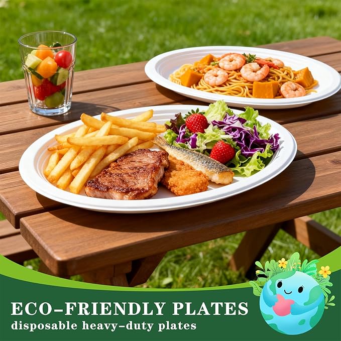 Tinybee 100% Compostable Oval Paper Plates 12 Inch [50-Pack] Heavy Duty Large Paper Plates, Biodegradable Bagasse Platters, Eco-Friendly Dinner Plate for BBQ/Picnic/Party (BPI Certified,Microwaveable)