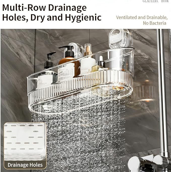 No-Drill Bathroom Suction Storage Box – Large Capacity & Strong Load-Bearing, No Drill Bathroom Shelves Drain Rack Organizer, Hanging Shower Caddy Suction Cups Heavy Duty (Clear)