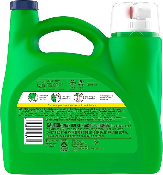 Gain Plus Liquid Laundry Detergent, Cleaner, Fresher, Now with Oxi, Waterfall Delight Scent, 99 fl oz, 75 Loads