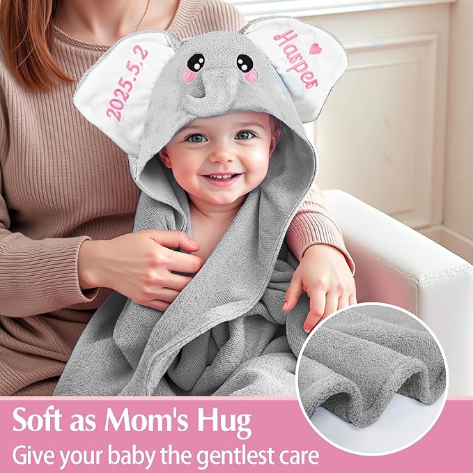 Baosity Custom Elephant Hooded Baby Towel with Name, Personalized Soft Absorbent Bath Towel, Shower Towels for Girls Boys, Easter Christmas Brithday for Kids Baby, Toddler, Newborn Essential