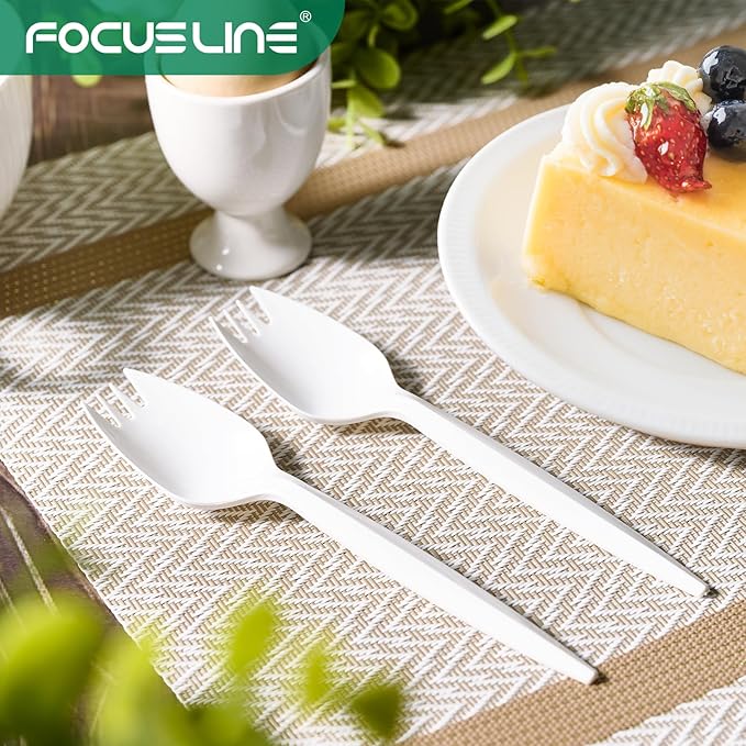 FOCUSLINE 1000 Count White Plastic Sporks, Disposable Sporks Bulk, Heat Resistant Disposable for Take out Restaurants, Family Gatherings, Outdoor Activities
