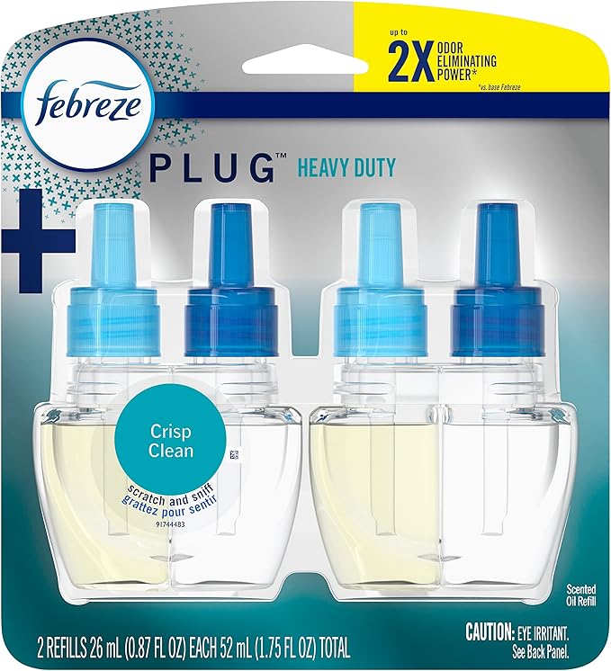 Febreze Odor-Fighting Fade Defy PLUG Air Freshener Refill, Heavy Duty Crisp Clean, (2) .87 fl. oz. Oil Refills