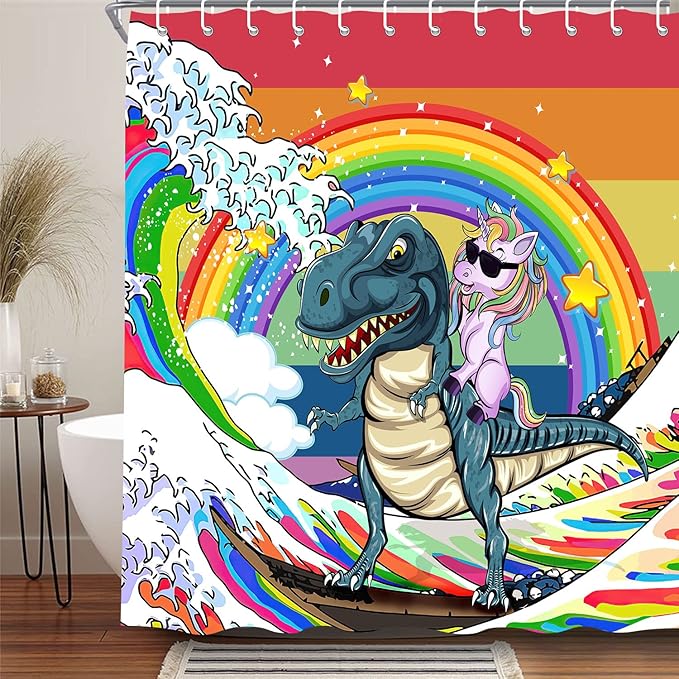 Funny Unicorn Riding Dinosaur Shower Curtain for Kids , Homosexuality LGBT Bathroom Curtain, Rainbow Pride Japanese Asian Anime Ocean Wave Fabric Restroom Decor Accessories with Hooks 47X64 Inch