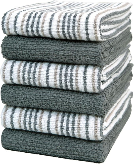 Kitchen Towels 16”x 26” - 6 Pack | Large Cotton Dish Towels | Popcorn Stripe Design | 430 GSM Highly Absorbent with Hanging Loop | Gray