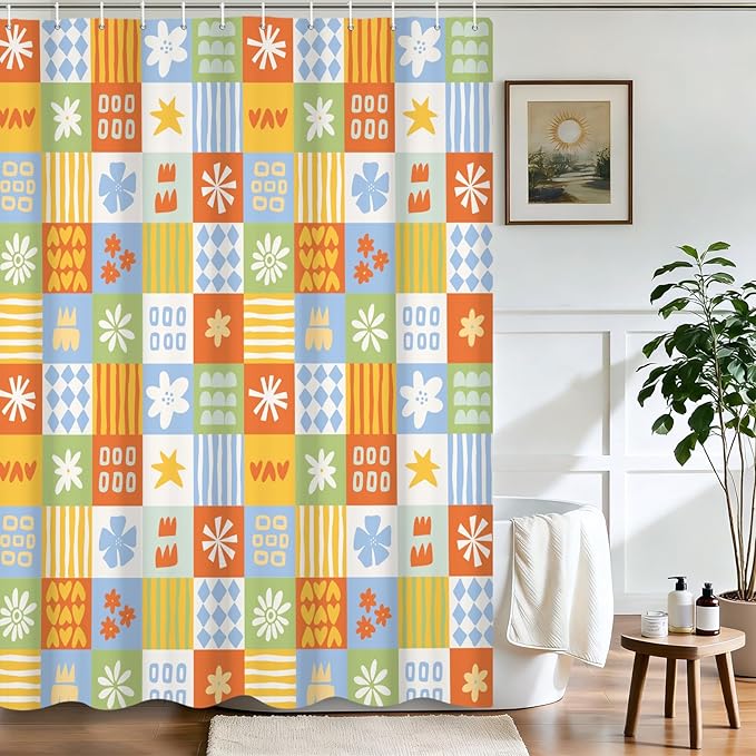 Boho Checkered Floral Shower Curtain Set Multicolored Geometric Flower Print Shower Curtains for Bathroom Waterproof Fabric Bathtub Decorations with Hooks 72x78 Inches