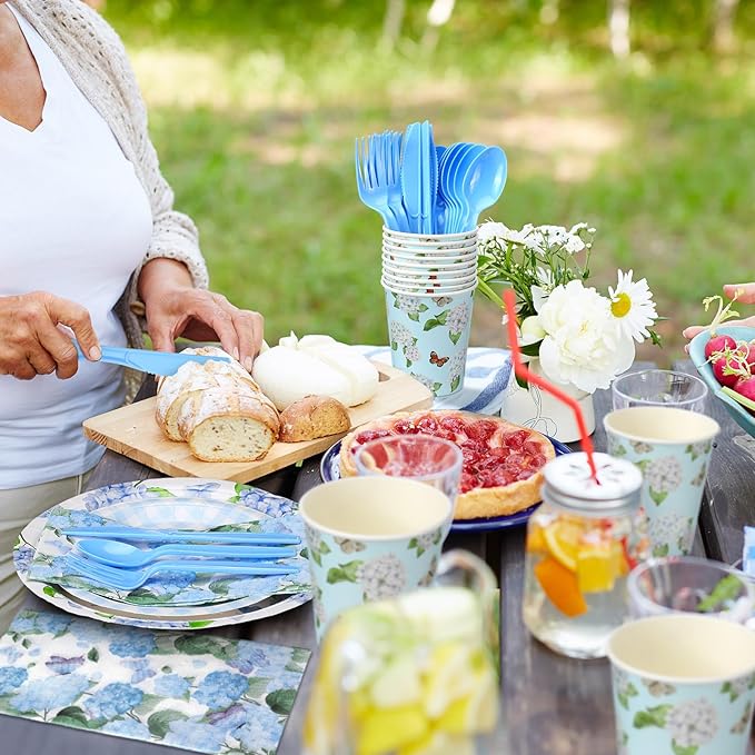 Sinmoe 400 Pcs Spring Plates and Napkins Set Paper Flower Dinnerware Disposable Party Supplies for 50 Guest Dinnerware Knife Fork Spoon for Spring Birthday Party(Blue,Hydrangea)